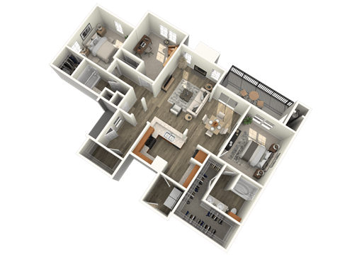 A 3D floor plan of a house with multiple rooms and furniture.
